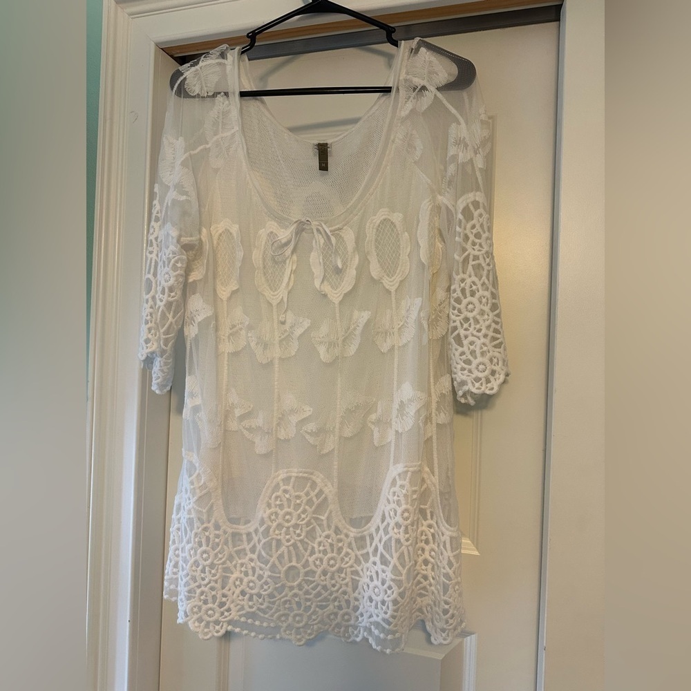 XCVI Womens M Sheer Crochet Lace Trim Tie Neck 3/4 Bell Sleeve Top Floral Hippie